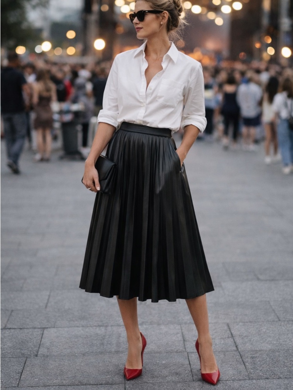 Black Pleated Pleather A-Line Midi Skirt with Clean Waistband Medium 8/10
